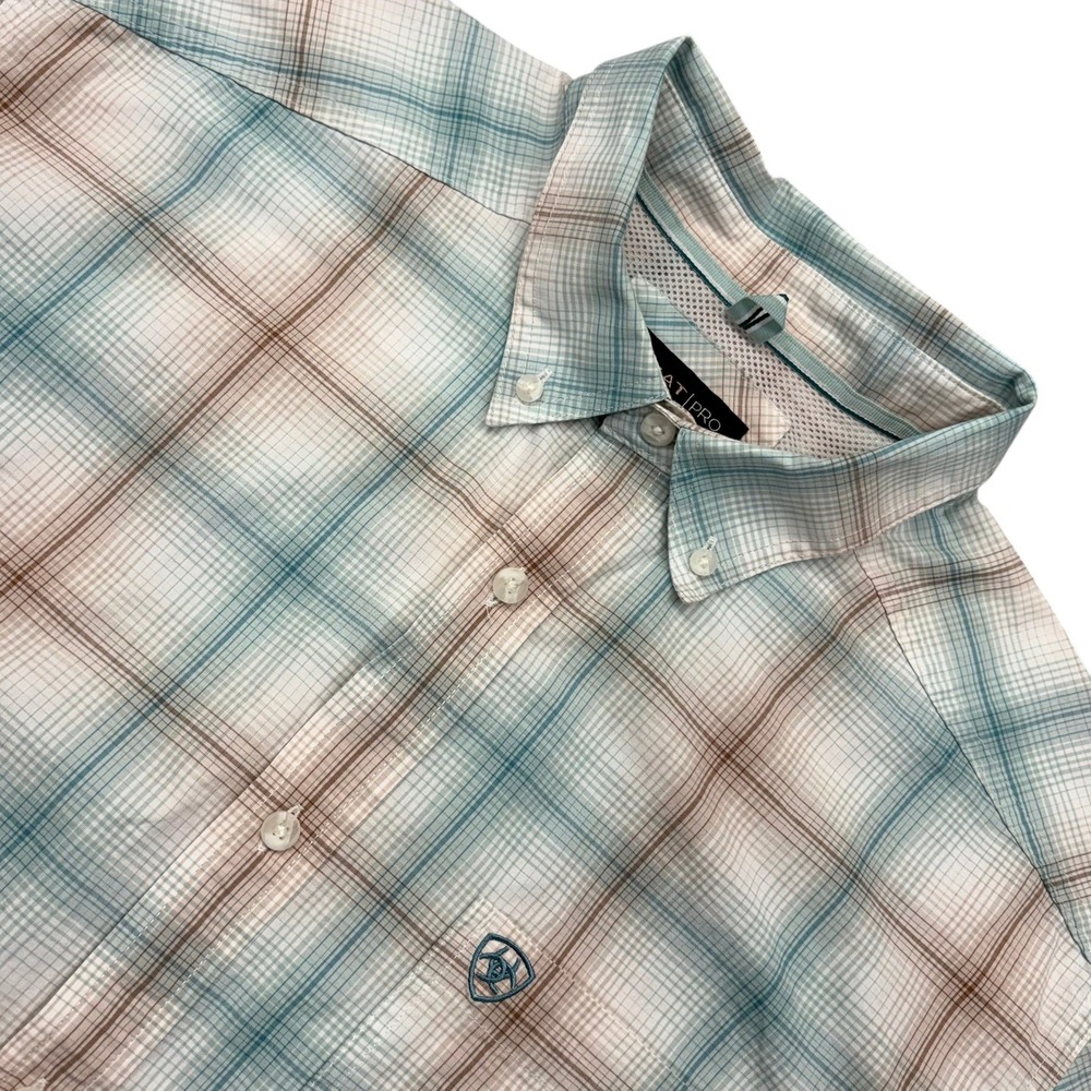Ariat Pro Series Short Sleeve Shirt Mens L Teal Brown Plaid Button Down Western